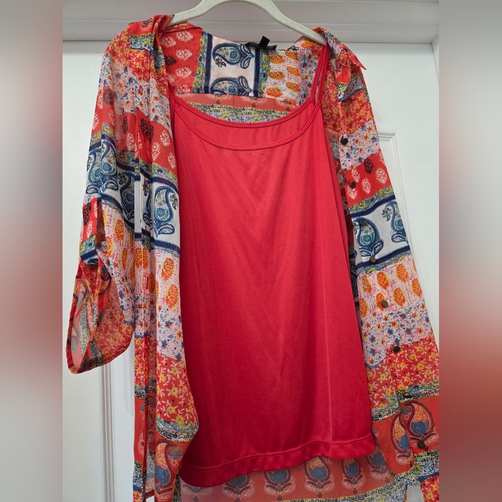 Vibrant Coral Tank With Paisly Shirt